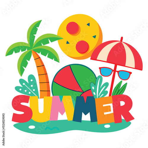 Colorful Summer Illustration Palm Tree, Beach Ball, Sun, Umbrella, and Sunglasses