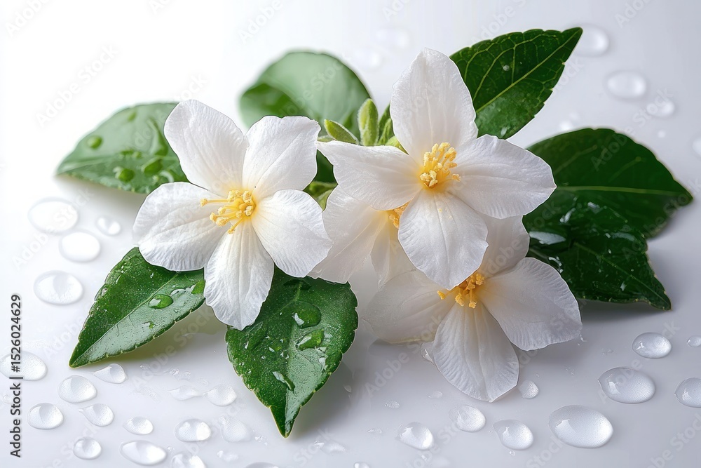 Close-up of delicate white flowers with yellow centers resting on vibrant green leaves covered in water droplets on a smooth white surface Close-up of delicate white flowers with yellow centers resting on vibrant green leaves covered in water droplets on a smooth white surface