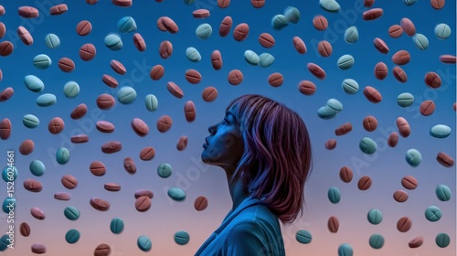 Woman gazing at falling pills