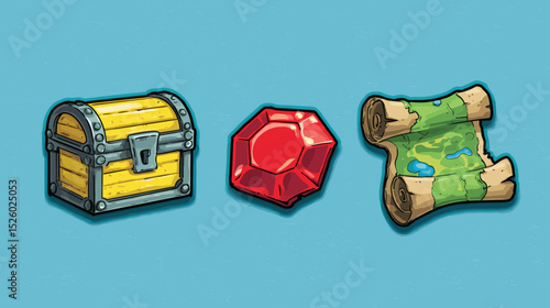 Treasure chest, jewel, and map depicted in a vibrant design against a blue background
