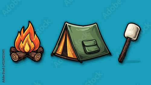 Enjoying a cozy camping experience with a campfire, tent, and roasting skewer ready for marshmallows