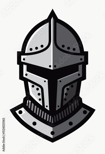 A powerful and bold mascot logo of a medieval knight's helmet, a strong silver and black vector emblem symbolizing protection, honor, and strength for a sports team.
