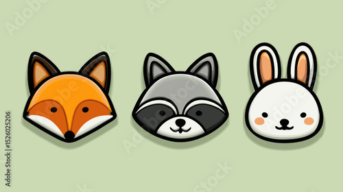 Colorful animal icons showcasing a fox, raccoon, and rabbit against a light green background for playful designs and decorations
