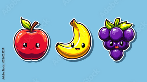 Colorful cartoon fruits featuring a happy apple, cheerful banana, and smiling grapes on a bright blue background