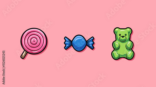 Colorful candy illustrations featuring a lollipop, wrapped candy, and a gummy bear on a pink background