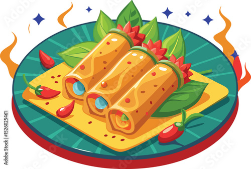 Delicious spring rolls with chili peppers and basil leaves illustration