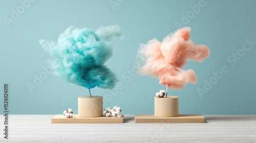 Two fluffy cotton candy clouds on wooden stands