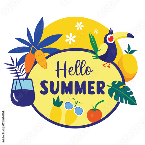 Hello Summer Illustration with Toucan, Tropical Fruits, Leaves, and a Refreshing Beverage