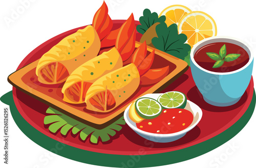 Delicious Spring Rolls with Fresh Herbs and Dipping Sauces Illustration