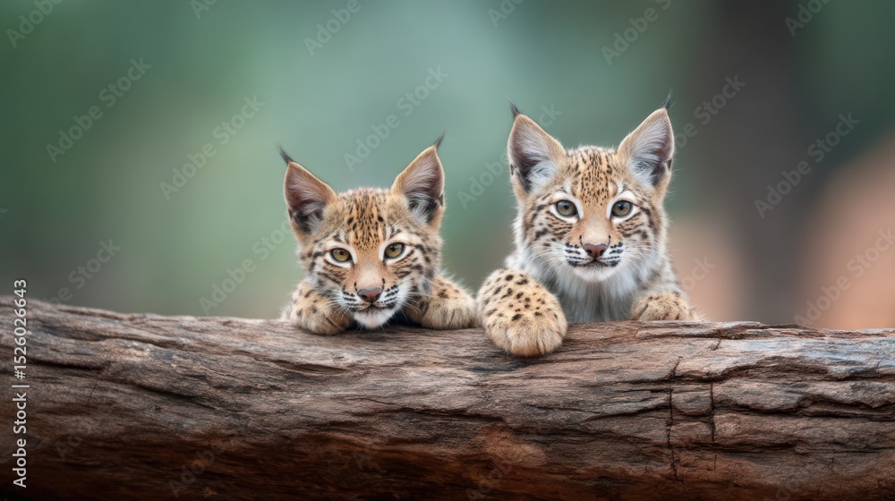 Obraz premium Two lynx kittens on log