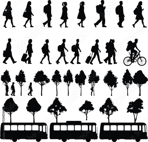 Black silhouette illustrations of people walking traveling on bikes buses and trees ideal for transportation and environmental concepts