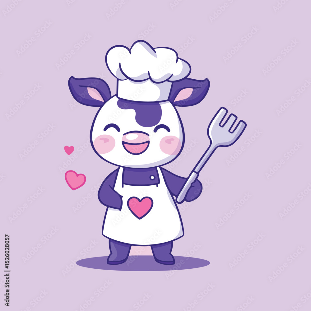 Cute Cartoon Cow Chef with Fork and Hearts Perfect for Valentine s Day or Cooking Themed Designs Featuring a Cheerful Animal Character on a Light Cute Cartoon Cow Chef with Fork and Hearts Perfect for Valentine s Day or Cooking Themed Designs Featuring a Cheerful Animal Character on a Light