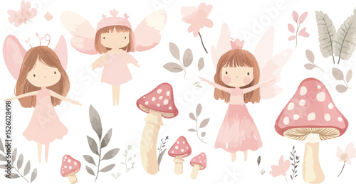 Delicate Watercolor Illustration Featuring Three Adorable Fairies Pink Flowers and Charming Mushrooms on a Clean White Background Perfect for Children s Designs and Whimsical Projects