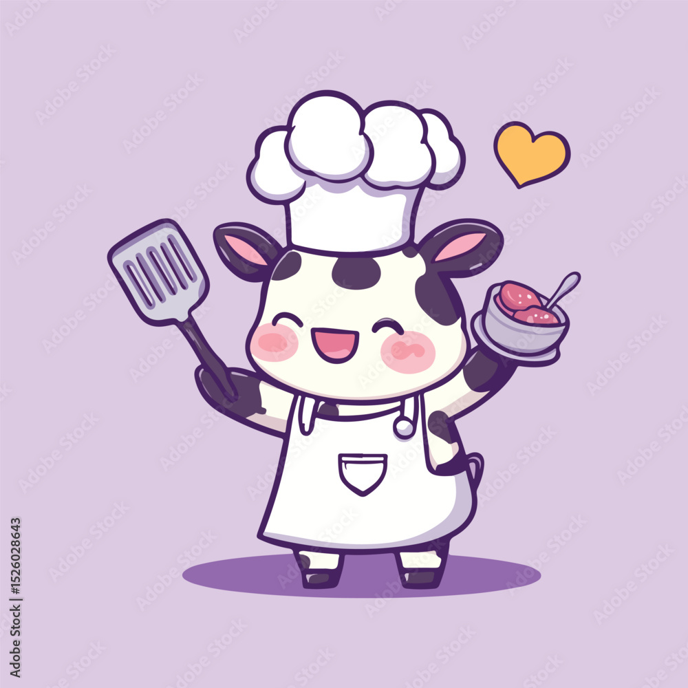 Cute Cow Chef Cartoon Character Holding Spatula and Bowl with Food Wearing Apron and Chef s Hat Illustration on Light Purple Background with Heart Cute Cow Chef Cartoon Character Holding Spatula and Bowl with Food Wearing Apron and Chef s Hat Illustration on Light Purple Background with Heart