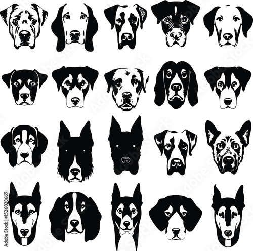 Diverse dog breed silhouettes in black and white a collection of canine faces ideal for design and illustration projects