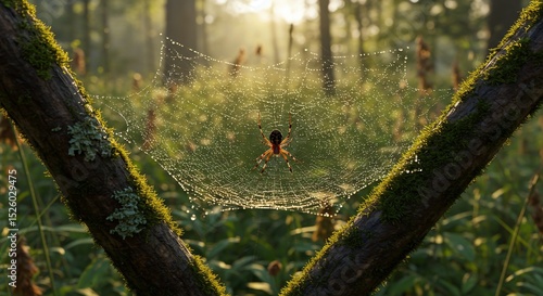 Dew-kissed spiderweb glistening in morning sunlight among lush green forest trees and moss-covered branches.