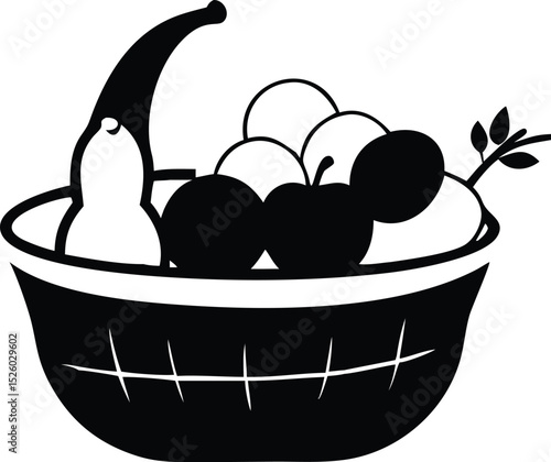 Harvest Bounty: A simplistic monochrome illustration of a wicker basket brimming with various fruits, showcasing nature's offering in a clean, artistic style. 