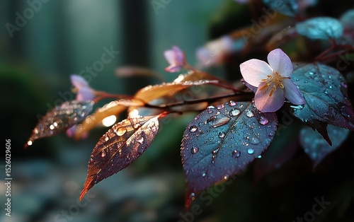 Dew-kissed blossoms in forest light