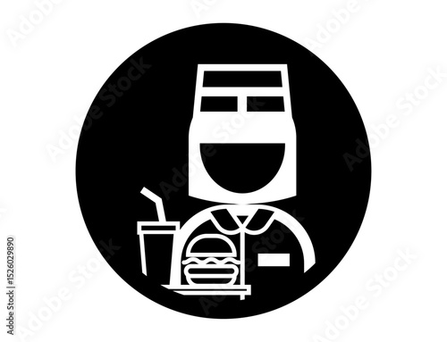 ハンバーガーを持ったファストフード店員の丸いシンプルなモノクロ白抜きイラストアイコン