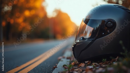 A black motorcycle helmet is sitting on the side of a road. The scene is set in autumn, with leaves scattered on the ground. The helmet is positioned on the grass, and the road is empty