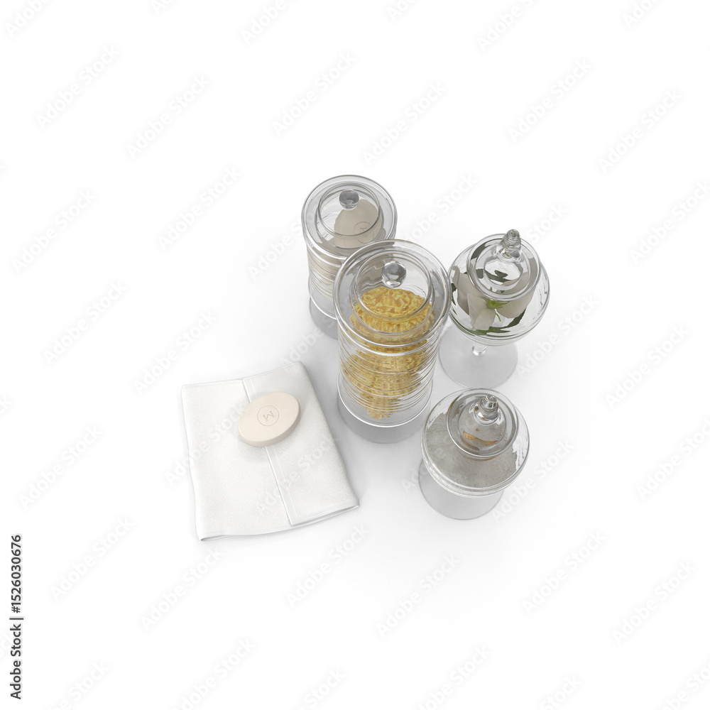 Set of Decorative Glass Jars with Bathroom Accessories Isolated on Transparent Background Set of Decorative Glass Jars with Bathroom Accessories Isolated on Transparent Background
