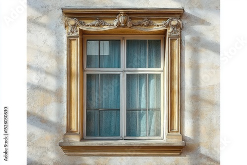 ornate classic window with decorative yellowish beige frame and blue curtains behind clear glass on a textured light wall with soft shadows
