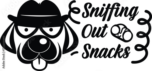 Playful black and white illustration of a dog detective seeking snacks funny cartoon design