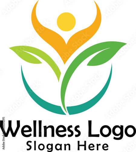 Modern abstract wellness logo featuring leaves person symbol and clean design elements