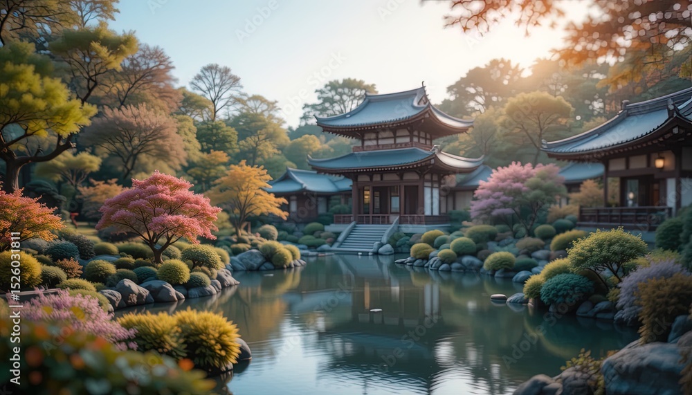 Serene eastern garden with traditional architecture. Serene eastern garden with traditional architecture.