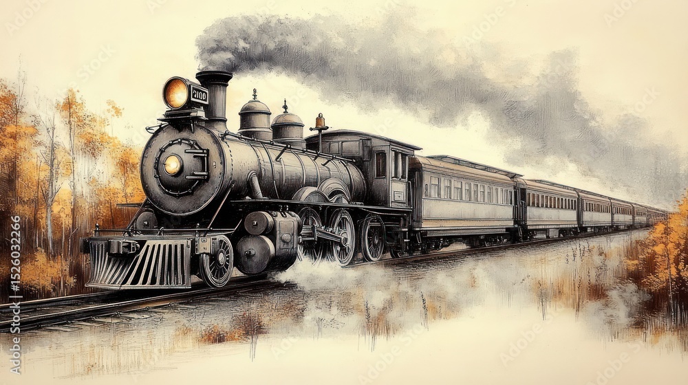 Naklejka premium Vintage steam locomotive train moving through autumnal landscape with orange and yellow trees and smoke billowing from chimney