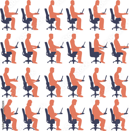 Silhouette illustration of workers with laptops in office chairs representing ergonomic posture and work from home scenarios