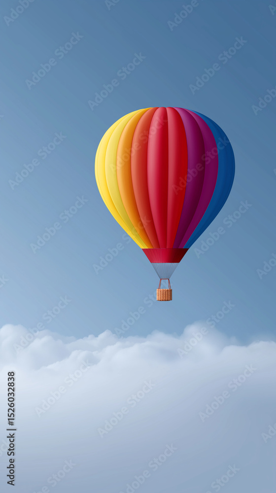 Fototapeta premium Colorful hot air balloon soaring high above fluffy clouds in a clear blue sky, creating a serene and uplifting atmosphere for adventure and exploration