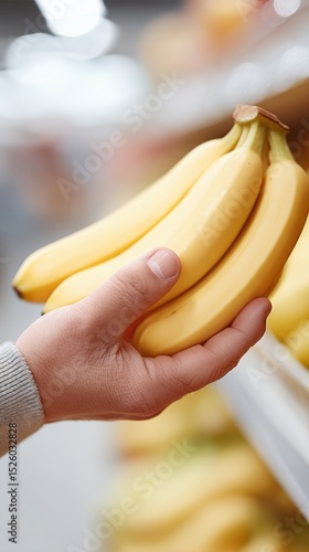 A person holding a bunch of ripe bananas in a well-lit grocery store or market setting.