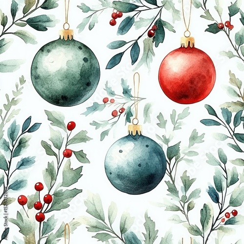 Watercolor painting of red and green Christmas baubles hanging among green leaves and red berries, evoking a festive and joyful holiday atmosphere
