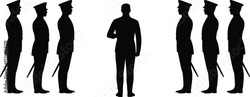 Vector illustration of military inspection scene, officer addressing soldiers with swords, army discipline, formation, honor, command, leadership, ceremonial unity