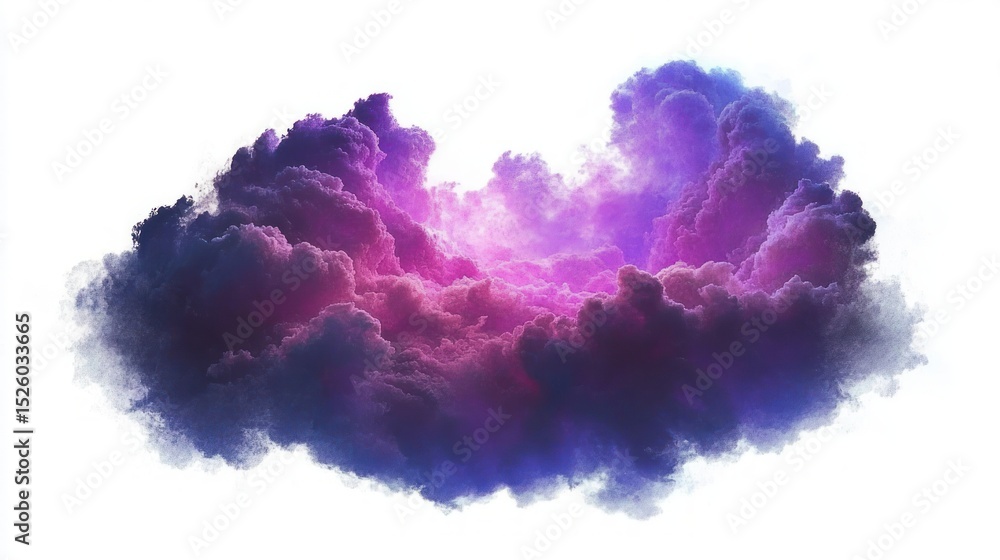 Fototapeta premium Vibrant purple and pink glowing cloud formation with soft edges on a white background, creating a surreal and ethereal atmosphere