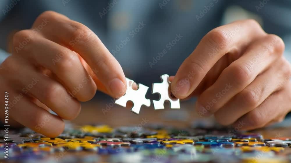 Connecting the Pieces: Close-up view of hands carefully connecting two jigsaw puzzle pieces, surrounded by a multitude of colorful puzzle pieces. Symbolizing problem-solving, collaboration. Connecting the Pieces: Close-up view of hands carefully connecting two jigsaw puzzle pieces, surrounded by a multitude of colorful puzzle pieces. Symbolizing problem-solving, collaboration.