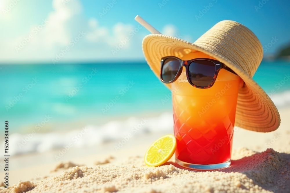 Straw hat, exotic cocktail, sunglasses on sandy beach , sunglasses, sun Straw hat, exotic cocktail, sunglasses on sandy beach , sunglasses, sun