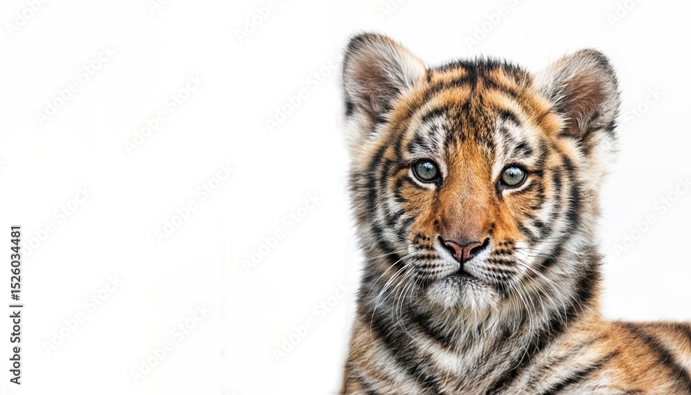Fototapeta premium Endearing WhiteBackground Portrait of a Playful Baby Tiger, Showcasing Soft Fur Textures and Captivating Eyes in HighResolution.
