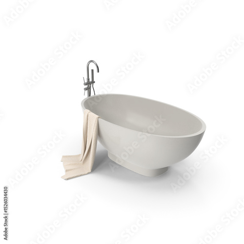 Modern White Bathtub with Faucet and Towel isolated on transparent background
