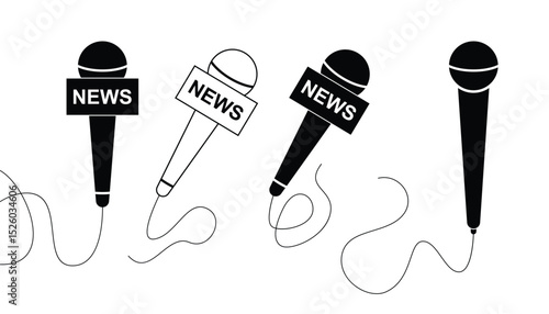Outline silhouette microphone icon set. journalist vector icon. news reporter microphone. microphone broadcasting news icon