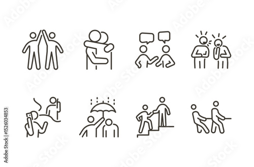 Empathy and friendship icon set. Thin line editable stroke icons for connection, emotional support, teamwork, communication, relationships, trust, and social interaction
