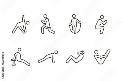 Bodyweight fitness icon set. Thin line editable stroke icons for workouts, strength training, stretching, cardio routines, home exercises, core training, and functional movement