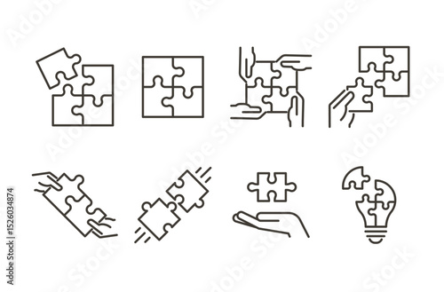 Puzzle and teamwork icon set. Thin line editable stroke icons for solution finding, collaboration, integration, ideas, innovation, strategy, and shared goals