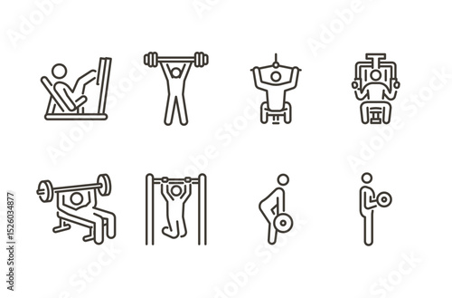 Gym strength icon set. Thin line editable stroke icons for fitness machines, bodybuilding, weightlifting, power training, exercise equipment, and muscle development