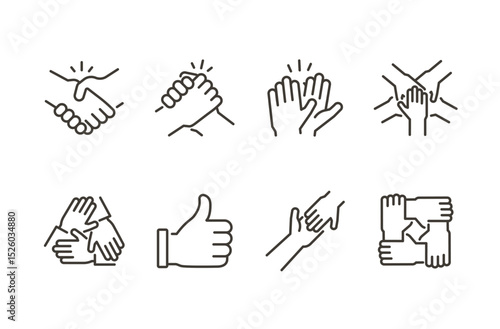 Handshake unity icon set. Thin line editable stroke icons for collaboration, support, agreement, teamwork, empathy, solidarity, and mutual help and partnership