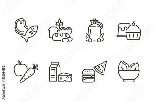 Food nutrition icon set. Thin line editable stroke icons for healthy eating, food categories, diet balance, ingredients, meals, fresh produce, and nutrition plans