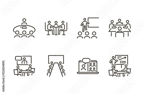 Meeting collaboration icon set. Thin line editable stroke icons for workshops, brainstorming, remote conferencing, team discussions, strategy planning, and business presentations