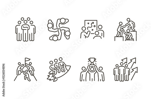 Team success icon set. Thin line editable stroke icons for leadership, collaboration, growth, goal achievement, motivation, coaching, strategy, and group performance, unity and partnership
