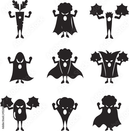 Whimsical black silhouettes of vegetables and fruits portrayed as comic book superheroes in various poses for creative illustration and design purposes